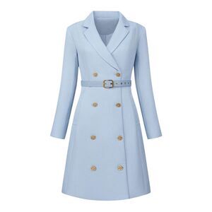 Women's Tweed Dress Double Breasted Long Sleeve Blazer Dress with Belt Sky Blue